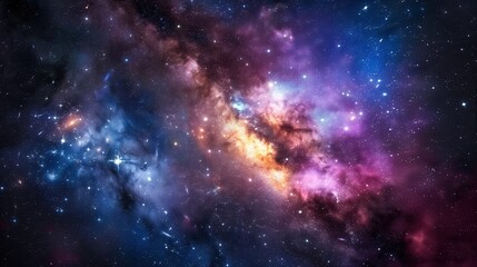 Naklejka premium Vibrant cosmic nebula with colorful interstellar clouds and stars, beautifully showcasing the wonders of the universe and outer space.