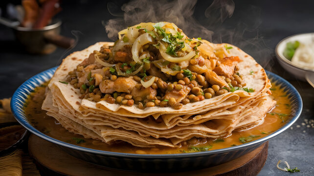 A large serving of Rfissa, featuring layers of shredded msemen soaked in fragrant lentil and chicken broth, topped with caramelized onions and fenugreek, with steam rising from the meal.






