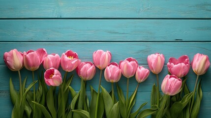 Pink tulips arranged in a row on a rustic blue wood background.