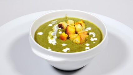 Creamy Spinach Soup with Croutons. A delicious bowl of creamy spinach soup garnished with golden-brown croutons and a swirl of cream.