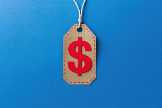 Discount Price Tag. Red Triple Dollar Sign Stencil on Paper Tag on Blue Background