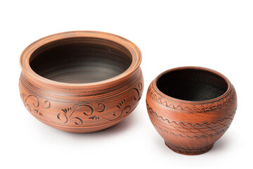 Dark brown ceramic baking pot, handmade with decor.