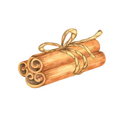 Three cinnamon sticks bundled with a yellow rustic twine bow. Isolated spice watercolor clipart. This artwork is perfect for holiday packaging, handmade product branding, and seasonal decor design