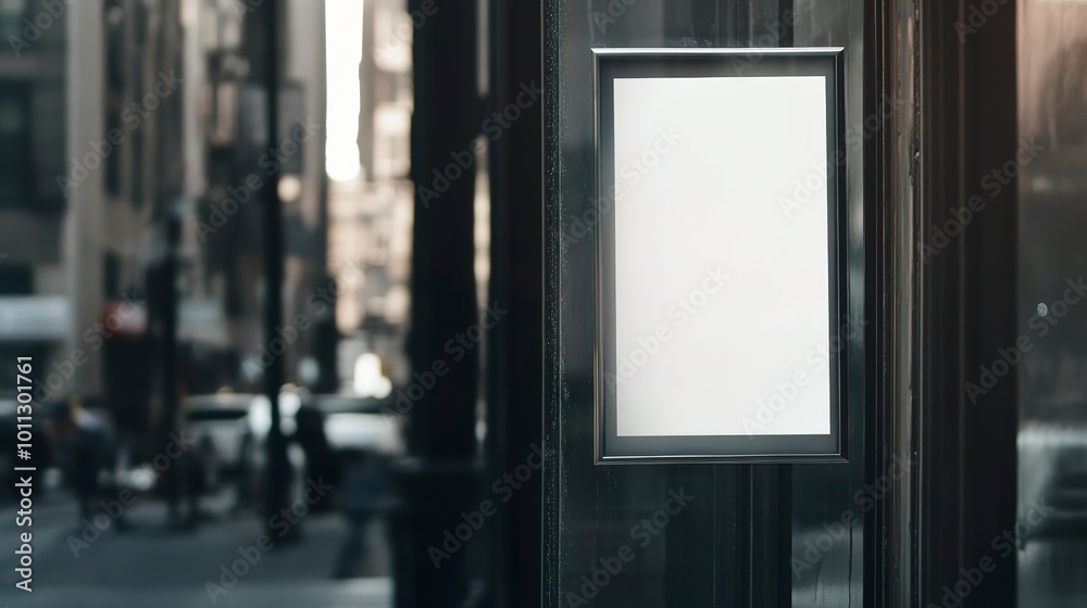 Wall mural blank poster hanging on storefront window in urban setting captured in daylight 