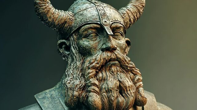 A close-up of a bronze statue of a Viking warrior, showcasing the intricate details of his helmet and beard