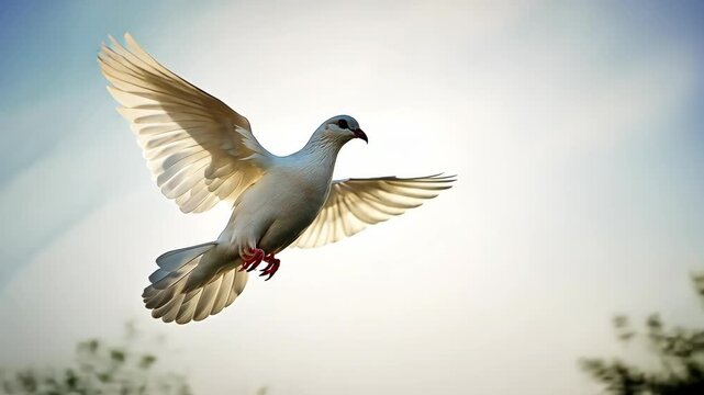 A white dove soars through the sky with its wings outstretched, a symbol of peace and hope