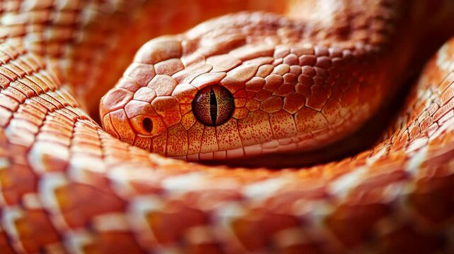 A close-up shot of a red snake's eye, showing the intricate scales and patterns of its skin
