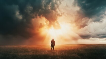 Obraz premium Man Standing Under a Dramatic Sky Holding a Bible as Beams of Light Break Through the Clouds