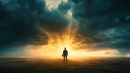 Fototapeta premium Man Standing Under a Dramatic Sky Holding a Bible as Beams of Light Break Through the Clouds