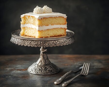 Victorian cake stand with tiered sponge cake and silver utensils.