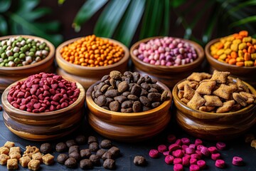 Fototapeta premium A collection of colorful pet food pellets arranged in wooden bowls, showcasing a variety of nutritious options for pets.