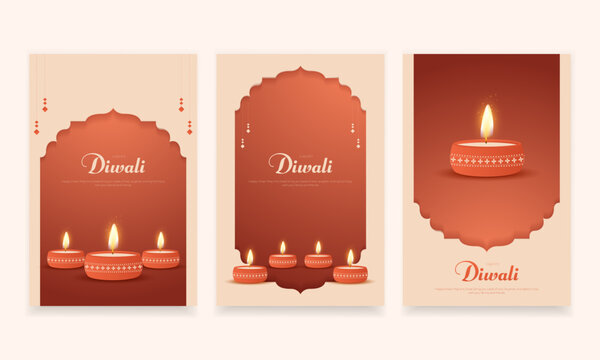 Happy Diwali minimal greeting card post set Celebration Background. Festival of Lights Greeting Card Post Template Vector Illustration
