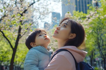 Fototapeta premium Mother holding her child in a peaceful park during spring.