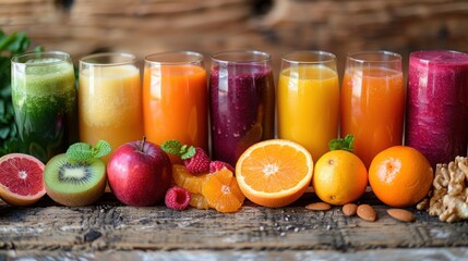 A colorful selection of fruit juices in tall glasses, including kiwi, oranges, and apples, representing fresh and healthy beverage options.


