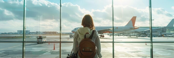 Woman looking out airport window at airplane.