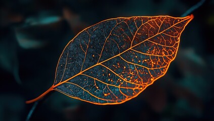 A close-up of an illuminated leaf with neon orange and blue veins, against a dark background