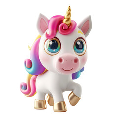 Naklejka premium Smiling girl unicorn cartoon character in 3d style design with colorful rainbow mane hair walking. Cute fairytale fantasy animal concept