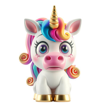Naklejki Surprised shocked girl unicorn cartoon character in 3d style design with colorful rainbow mane hair standing with big eyes. Cute fairytale fantasy animal concept