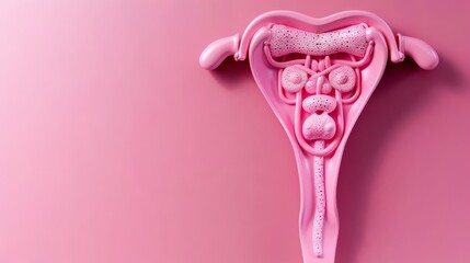 Pink anatomical model of the female reproductive system on a pink background.