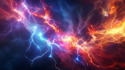 Abstract digital art of blue and orange lightning bolts colliding in a dark sky