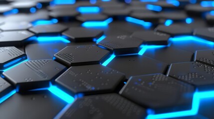 Fototapeta premium Abstract futuristic background with glowing blue hexagonal pattern.