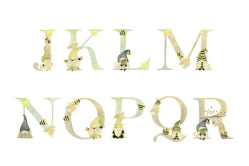 Watercolor bee gnomes letters.