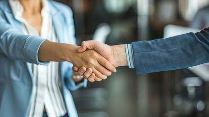Businesspeople shaking hands, a female and male making a handshake in an office setting
