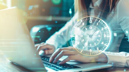 Woman working on laptop with time management concept.