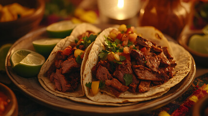 Delicious tacos filled with meat, fresh veggies, and sauces, perfect for sharing