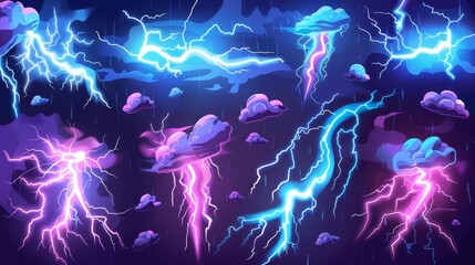 Fototapeta premium Cartoon lightning animation frames of electric strikes, magic electricity hits, and thunderbolt effects Game asset collection with copy space