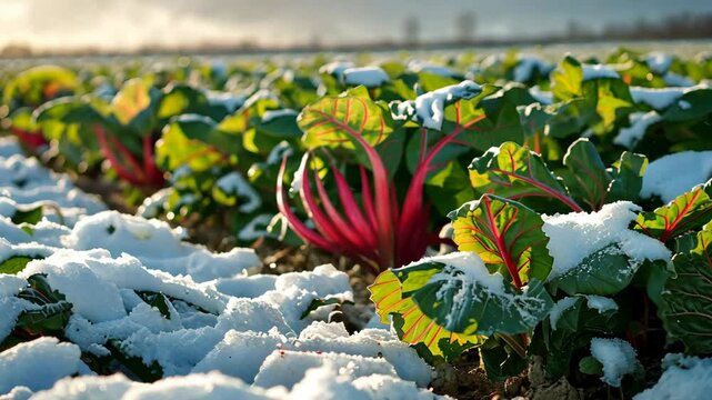 A field of chard is covered in fresh snow, with the sun shining through the clouds