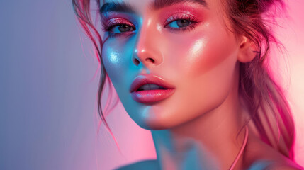 Obraz premium Close-up portrait of a young woman with blue and pink makeup and lighting.
