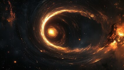 A black hole, pulling in space and time, creates an intense spiral of light around it