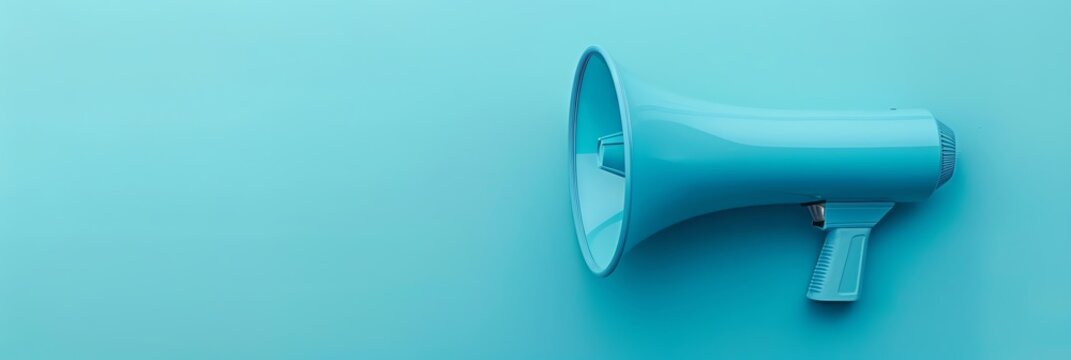 Blue megaphone on a blue background, top view