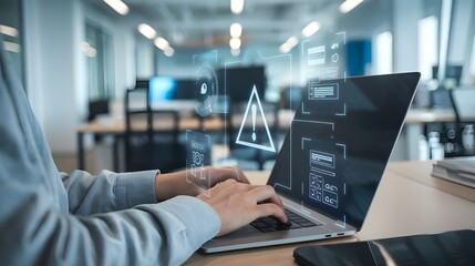 Person typing on a laptop with holographic warning symbols on screen in an office environment, concept of cybersecurity threat