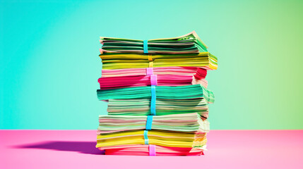 Stacks of cash, organized bundles, side view, symbolizing wealth, advanced tone, Triadic Color Scheme
