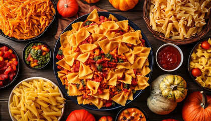 Delicious autumn meals on table. Nachos with cheese sauce, pasta, julienne and other food
