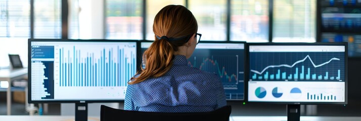 Woman working on computer with charts and graphs on screen