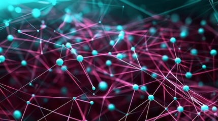 Digital connections with aqua nodes and lines on dark maroon background, abstract high-tech style, depth of field effect, clear and crisp details with copy space