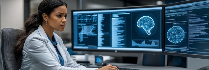 African american it specialist analyzing holographic data for ai cyber security threats