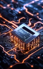 Close-up of a microchip with glowing circuit board details.