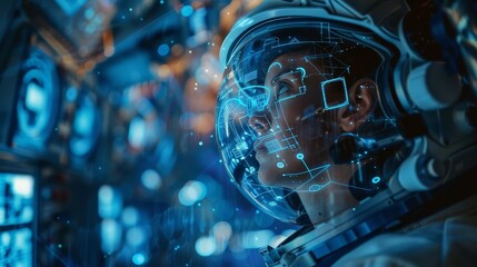 Double exposure of an engineer and space exploration technology in deep blue With copy space