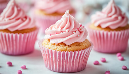 Delicate pink cupcakes, freshly baked and adorned with soft swirls of frosting, fill the air with the irresistible scent of sweetness, inviting you to indulge in their tender crumb