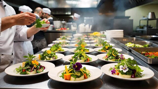 Chefs Preparing Multiple Gourmet Dishes in a Professional Kitchen