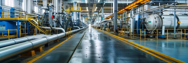 Industrial factory interior with large pipes and machinery.