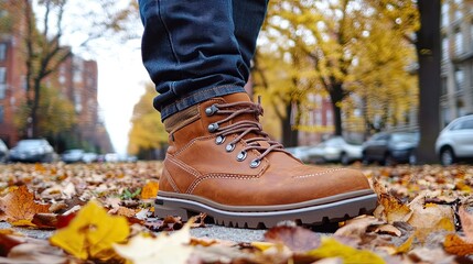 Stylish Brown Boots on Autumn Street with Fallen Leaves