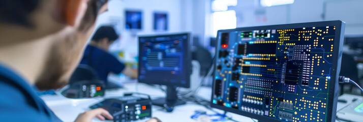 Embedded systems lab with engineers designing and testing hardware-software integration on microcontrollers with copy space