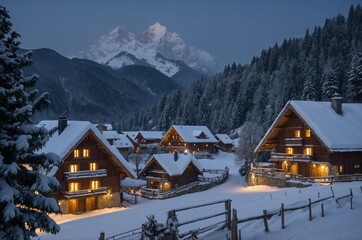 Snow-covered Bavarian village nestled in the Alps with illuminated wooden cabins and mountain backdrop