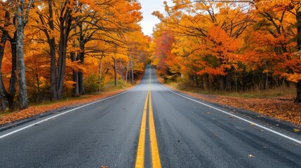 Naklejka premium Autumn's Embrace, a picturesque journey along a tree-lined road adorned in vibrant fall colors, celebrating the beauty of nature on the First Day of Fall.