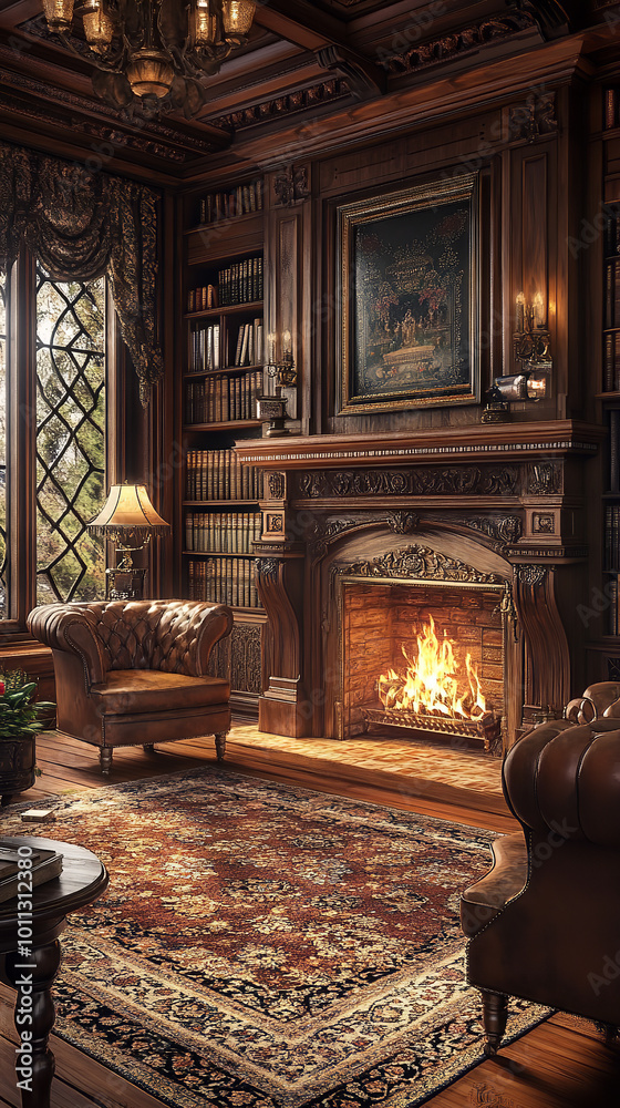 Poster Classic Vintage Reading Room with Fireplace and Antique Books  